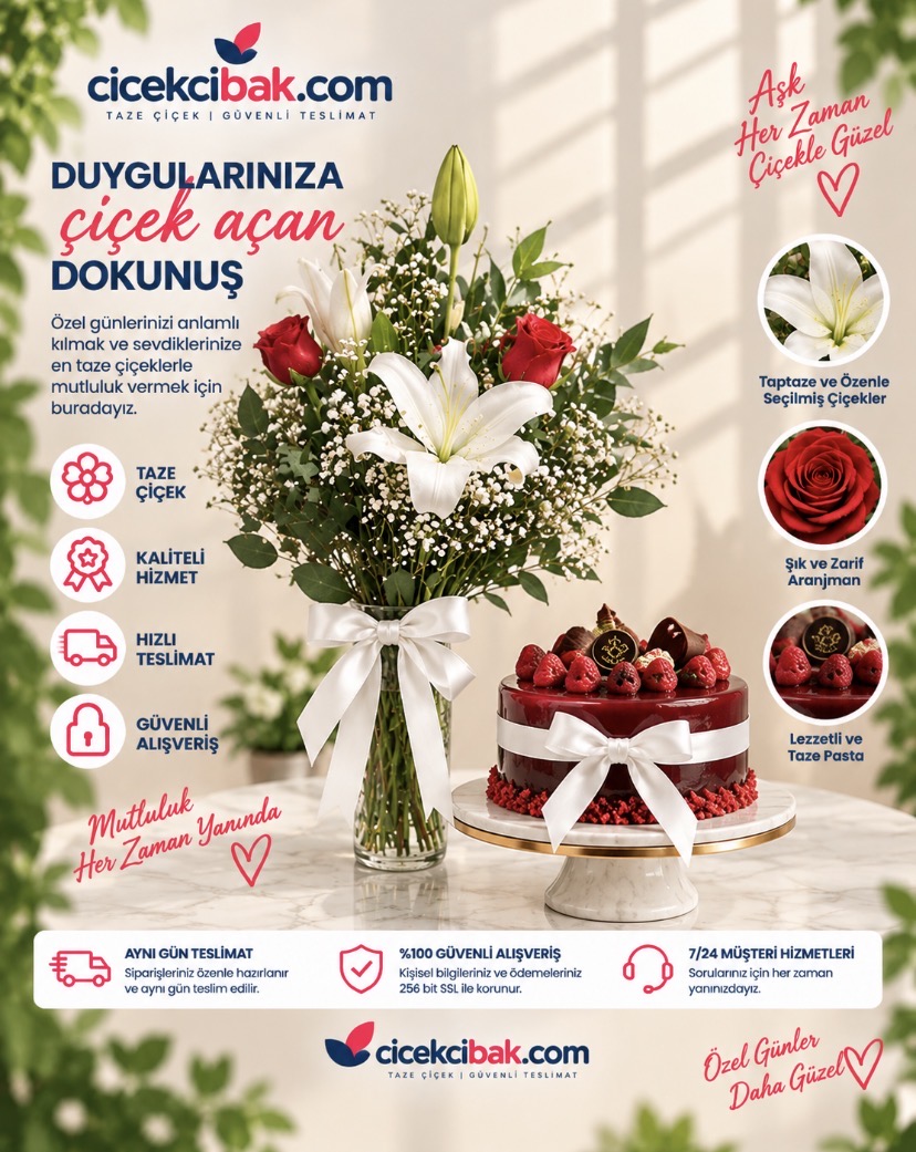 Beyaz Lilyum Kırmızı Güller Ve Pasta