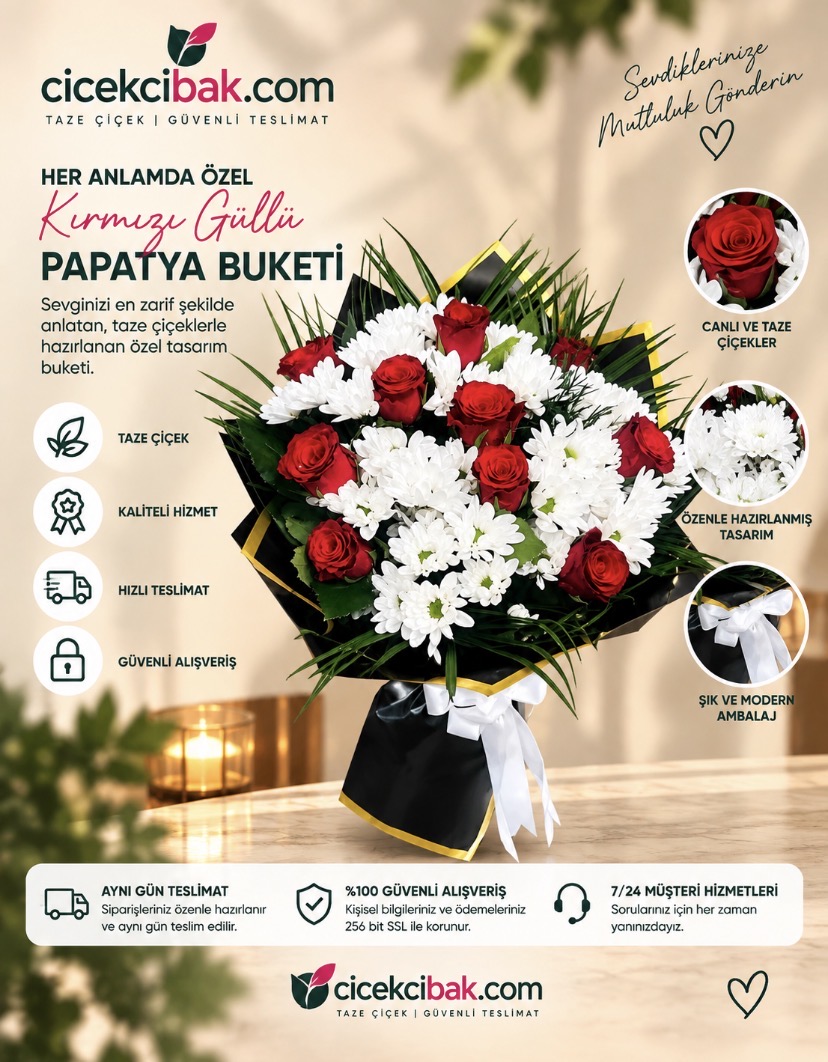 Siyah Ambalajda Beyaz Papatya Ve Kırmızı Güller